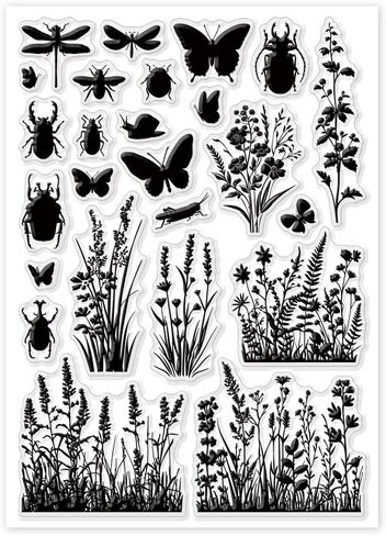 Globleland Plant and Flower Silhouettes Clear Stamps للبطاقات التي تصنع الفراشة و Dragonfly Clear Stamp Seals طوابع شفافة لألبوم DIY Scrapbooking Abrum Journal Home Decoration in Saudi Arabia