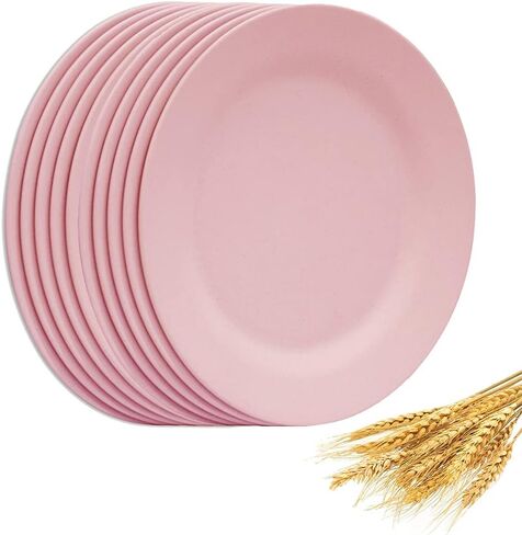 NA Set of 10 Large Dinner Plates 11 Inch, Reusable Wheat Straw Dessert Dishes, Round Pasta Salad Serving Plate, Unbreakable Kids Fiber Tableware for Party Steak Pizza (Pink) in Kuwait