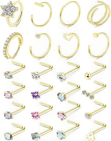 20G Stainless Steel Nose Rings, L Shaped Nose Studs and Nose Rings Hoops, Cute Heart Square CZ Nose Screw Piercing Jewelry 24Pcs Silver For Women in Saudi Arabia