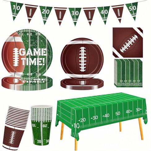 Football Party Supplies Kit Serve 24,Dinner Plates, Napkins,Cups,Banner and Touchdown Tablecloth,Football Party Decorations, Football Birthday Party Supplies in Saudi Arabia