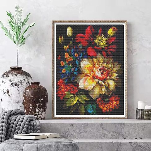 Eiazuiks Stamping Cross Stitch Kit, Flowers Counting Cross Stitch Kit for Adult Beginners, Full Line DIY Stitching Kit for Home Decor Cross Stitch Patterns 12x16 inches in Kuwait
