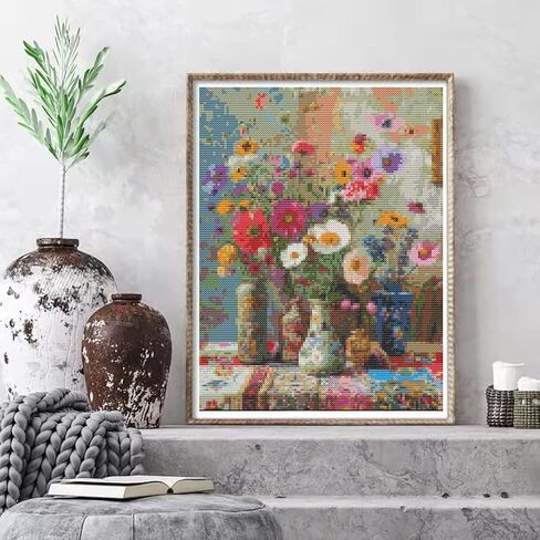 Eiazuiks Stamping Cross Stitch Kit, Flowers Counting Cross Stitch Kit for Adult Beginners, Full Line DIY Stitching Kit for Home Decor Cross Stitch Patterns 12x16 inches in Kuwait
