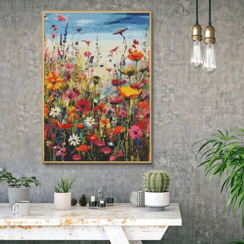 Eiazuiks Stamping Cross Stitch Kit, Flowers Counting Cross Stitch Kit for Adult Beginners, Full Line DIY Stitching Kit for Home Decor Cross Stitch Patterns 12x16 inches in Kuwait