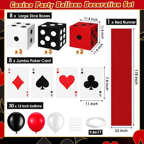 52 Pcs Casino Themed Decorations Set Las Vegas Game Night Entryway Door Party Decor 8 Pcs 12 Inch Large Dice Boxes 8 Jumbo Poker Cards 30 Pcs Balloon Aisle Runners for Birthday Celebration in Kuwait