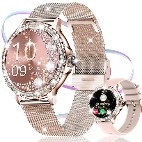 Smart Watch for Women with Diamonds (Answer/Make Call),AMOLED 1.19" Screen Smartwatch for Android Phones,Fitness Tracker with Heart Rate/Blood Oxygen/Sleep Monitor (Rose Gold, 1.19 inch) in Saudi Arabia
