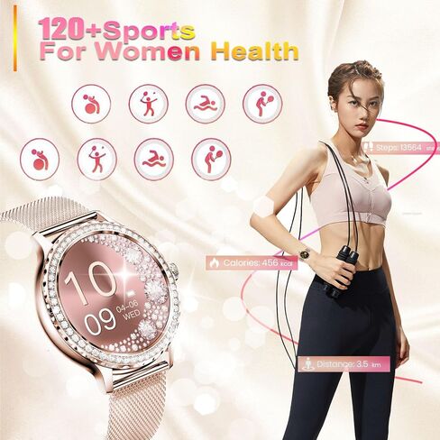 Smart Watch for Women with Diamonds (Answer/Make Call),AMOLED 1.19" Screen Smartwatch for Android Phones,Fitness Tracker with Heart Rate/Blood Oxygen/Sleep Monitor (Rose Gold, 1.19 inch) in Saudi Arabia