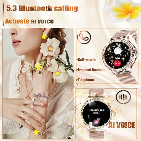Smart Watch for Women with Diamonds (Answer/Make Call),AMOLED 1.19" Screen Smartwatch for Android Phones,Fitness Tracker with Heart Rate/Blood Oxygen/Sleep Monitor (Rose Gold, 1.19 inch) in Saudi Arabia