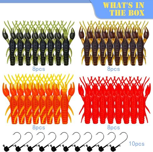 Crawfish Fishing Soft Plastic Lures with Ned Jig Head Kit, Soft Plastic Swimbaits Bass Fishing Lures in Saltwater Freshwater, 35 Pcs Soft Fishing Bait Lure Kit with Glitter(25Pcs-5 Colors) in Saudi Arabia