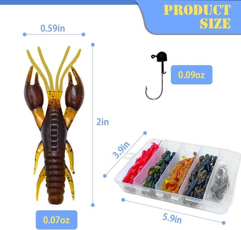 Crawfish Fishing Soft Plastic Lures with Ned Jig Head Kit, Soft Plastic Swimbaits Bass Fishing Lures in Saltwater Freshwater, 35 Pcs Soft Fishing Bait Lure Kit with Glitter(25Pcs-5 Colors) in Saudi Arabia