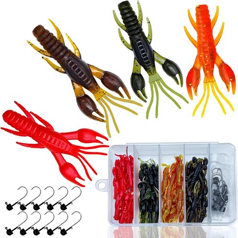 Crawfish Fishing Soft Plastic Lures with Ned Jig Head Kit, Soft Plastic Swimbaits Bass Fishing Lures in Saltwater Freshwater, 35 Pcs Soft Fishing Bait Lure Kit with Glitter(25Pcs-5 Colors) in Saudi Arabia