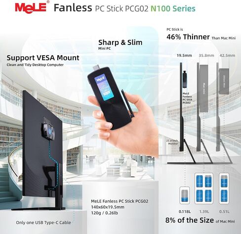 MeLE Fanless Mini PC Stick PCG02 Pro 12th Gen Alder Lake - N100(up to 3.4GHz), 8GB DDR4 RAM 256GB Desktop Computer Stick Support 4K Dual HDMI USB3.2 WiFi BT Ethernet,Home Business Office Industrial in Saudi Arabia
