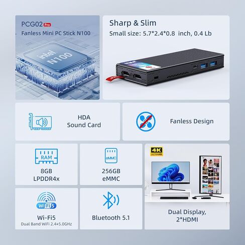 MeLE Fanless Mini PC Stick PCG02 Pro الجيل الثاني عشر Alder Lake - N100(حتى 3.4 جيجا هرتز)، 8 جيجا DDR4 RAM 256 جيجا بايت كمبيوتر مكتبي يدعم 4K Dual HDMI USB3.2 WiFi BT Ethernet، مكتب الأعمال المنزلية الصناعية in Kuwait