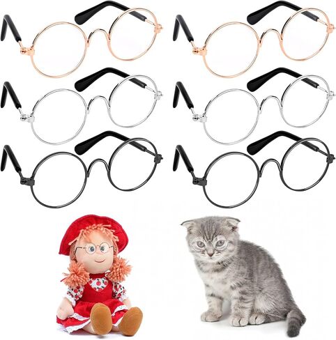 6 Pairs Doll Glasses Metal Wire Rim Clear Lens Small Eyewear Fabric Doll Dress Up Eyeglasses Retro Mini Sunglasses for Dolls Pets Costume Accessories Cosplay in Kuwait