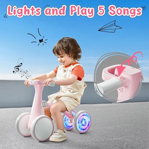 Ridego Loving Lighting Baby Balance Bike Pike for 1 Year Girls Gifts ، Toddler Toys لمدة 12-24 شهرًا مع الموسيقى ، و 4 عجلات صمت Walker Walker ، Toddler First Bike for 12-24 Montr in Kuwait