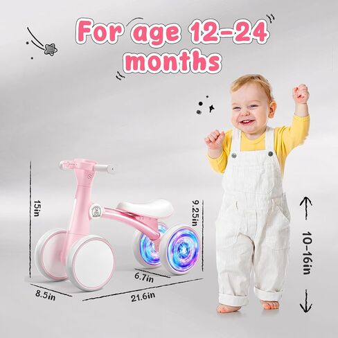 Ridego Loving Lighting Baby Balance Bike Pike for 1 Year Girls Gifts ، Toddler Toys لمدة 12-24 شهرًا مع الموسيقى ، و 4 عجلات صمت Walker Walker ، Toddler First Bike for 12-24 Montr in Kuwait