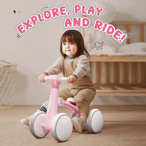 Ridego Loving Lighting Baby Balance Bike Pike for 1 Year Girls Gifts ، Toddler Toys لمدة 12-24 شهرًا مع الموسيقى ، و 4 عجلات صمت Walker Walker ، Toddler First Bike for 12-24 Montr in Kuwait