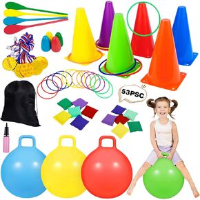 CWLAKON 53PCS Carnival Games Games Set ، كرات Hopper للأطفال ، وأكياس الفاصوليا البلاستيكية الناعمة رن رنغ ، وسباق التتابع البيض ، لم شمل عائلة Field Day خارج ياردة Lawn 4th Of July Games