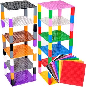 صفائح قاعدة قابلة للتكديس بصراحة متوافقة مع LEGO - طوب قوس قزح قابل للتكديس للأبراج والأرفف والمزيد - 12 لوحات قاعدة و 80 مكدس - 6 × 6 بوصات