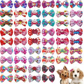 50Pcs/25Pairs Dog Hair Bows with Rubber Band Spring Floral Pattern for Girls Female Cat Rabbit Puppy Poodle Top Knot Elastic Hair Bowknot Grooming Accessories