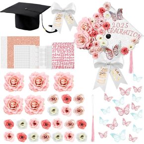 Gilprop DIY تخرج التخرج Cap Decorations Kit Pink and White Grad Cap Topper Flower Heads 3D ALPHABET ALPHABET LETTER RHINESTONS