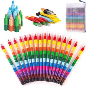 16pcs تكديس التلوين ، تلوين قابلة للتكديس قابلة للتكديس في 12 لونًا مع حقيبة ملفات شبكة واحدة ، سهلة حملها ، ملون من اللوازم المدرسية للحفلات