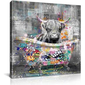 Kepgonegu Highland Cow Bathroom Wall Art Funny Graffiti Canvas Wall Art Black and White Wall Art جاهز لتعليق حجم 14 "W × 14" H
