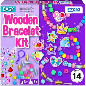 Ezcra Easy Arts and Markes - Premium Wooden Beads Make Make Make Kit للأطفال من العمر 5-8 - اصنع 14 أساور وقلصًا للأميرة - مجموعات لصنود الصداقة DIY للبنات