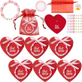 مجموعة هدايا Beyumi DIY - 24 حزمة عيد الأم رسالة Mom Letter Heart Beads Bracelets with Heart Graceing Cards and Facs Kit Exure Craft Kit to Mothers School Classroom Party Party Ages Ages 6-12