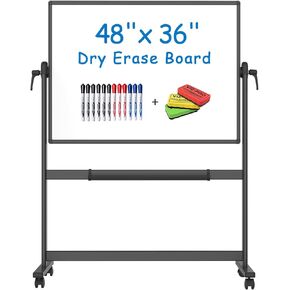VIZ-PRO Double-Sided Magnetic Mobile Whiteboard 48 x 36 Inches, Black Aluminium Frame and Stand, with 3 Dry Erasers & 12 Markers