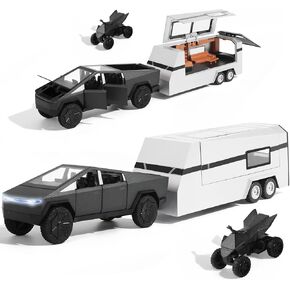 Toy RV with Mars Pickup Trailer for Boys Toy Trucks, Car Trailer Model with Lights and Sound, Pull Back Feature, Truck and Trailer Toys for Boys, for Kids and Adults (Silver)