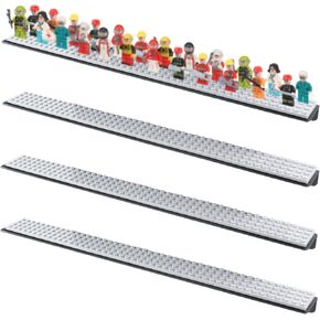 4-Pack Minifigure Display Case, Holds Up to 96 Figures, Mini Action Figure Display Shelf with Brick Building Baseplate, Metal Floating Magnetic Figure Display Cabinet Wall Mount for Lego Minifigure