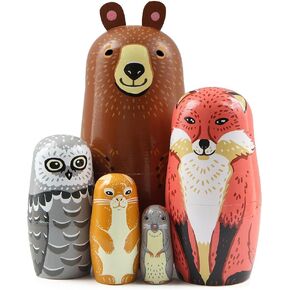 Winterworm 5 PCS Forest Animal Nesting Dolls Brown Bear Bear Owl Owl Rabbit Mouse Wooden Nesting Dolldy Matryoshka Dolls for Kids Tocking Toy Mother's عيد ميلاد عيد ميلاد هدية