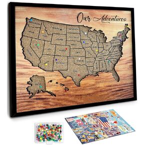 flinelife Cork Board Usa Travel Map With Pins, 12x10, Medium Size, Map of United States, Perfect For Couples and Families Gift