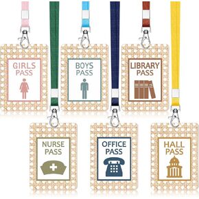 6 مجموعات من Boho Hall Pass Lanyards و School Passits مجموعة خشبية غير قابلة للحمامات محايدة قابلة للكسر لقاعة الفصول الدراسية ، ومرحلة ، ومكتبة ، ومكتب وممرضة مدرس مستلزمات مستلزمات.