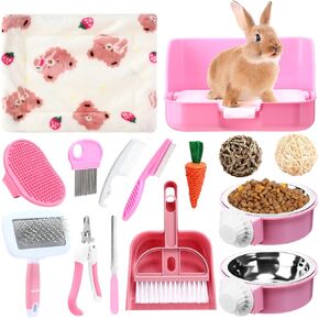 15 PCS Rabbit Starter Kit Small Streter Box Animal Grooming Kit Bunny Toys Bowl Bowl Bown مع مجموعة التنظيف لإكسسوارات أرنب خنزير غينيا (وردي)