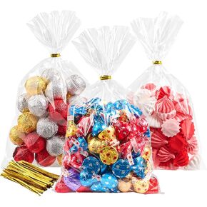 Ohuimrt 100 PCS Cellophane Treat Bags, 10 x 14 Inches Clear Plastic Goodie Gift Bags with Ties for Party Favors, Candies, Cookies, Snacks