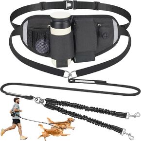 ZooZoo Hands-Free Double Dog Leash for Running, Walking, Jogging, Secure Belt with Multiple Pockets for Phone, Wallet, Retractable Dual Bungee Ropes for Two Dogs, Reflective Belt & Poop Bag Dispenser