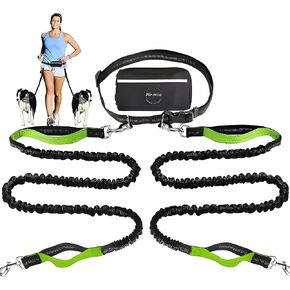 Hands-Free Waist Leash with Pouch — Dual Bungee Design for Two Pets, Retractable with Double Padded Handles-Running & Walking Dog Leash, Essential Dog Walking Accessories