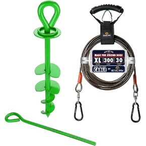 30ft Dog Tie Out Cable and Stake for Large Dogs up to 300 lbs - Heavy Duty Dog Stakes for Outside (Black/Green Bundle)