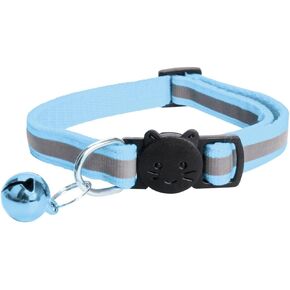 MJIYA Reflective Cat Collar with Bell, Breakaway Grid Collar with Plastic Buckle, Girl Boy Pet Kitty Collars Adjustable 7.5-12.5 Inch (Light Blue)