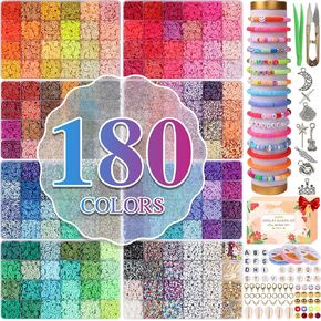 XSEINO 33000Pcs Clay Beads Bracelet Making Kit - 180Colors 8Boxes Polymer Clay Beads and 2 Styles Letter Beads，with Rich Jewelry Making Accessories and 3 Rolls Crystal Cord, for Crafts Christmas Gifts