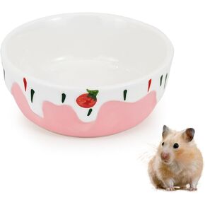 3.4oz Small Animal Food Bowl, Heavy Anti-Tipping Ceramic Pet Bowls with Strawberry Pattern, Hamster Water Bowl for Gerbils/Guinea Pigs/Reptile/Bird, Easy to Clean Hamster Food Bowl (Pink, A)