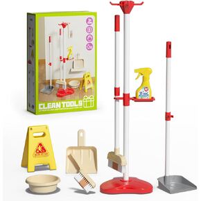 Kids Mini Cleaning Toy Set 8 قطعة طقم تنظيف طفل مع المكنسة ، و Dustpan ، و Rack Storage ، وعلامة الأرضية الرطبة والمزيد ، هدية Play Play Play For Girl Boy
