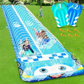 Igeekid 33.3ft شريحة مائية طويلة طويلة للأطفال ، سباق عرق ممر مزدوج حارة الزقزقة مع لوحين جسم 2 ، سياج السلامة ، شرائح المياه في الهواء الطلق الشاقة للبالغين في الفناء الخلفي لعبة الصيف