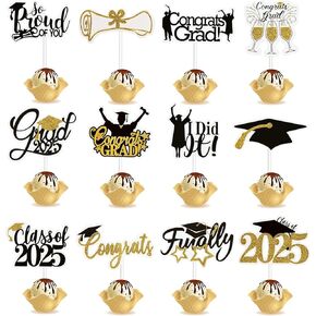 التخرج كب كيك أدوات أعلى 2025-72pcs تهنئة طقم تزيين الحلوى ، الذهب الأسود بريق التصميم المنسق أقطار الكعكة لفئة 2025 الأطراف تحت عنوان التخرج لوازم الإمداد