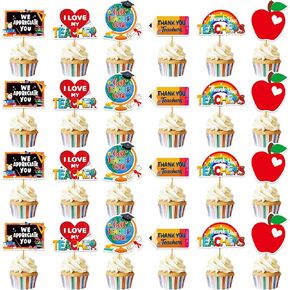 24pcs شكرًا لك Teacher Cupcake Toppers ، شكرًا لك Cupcake Toppers تقديرات تقدير المعلم للمعلمين ديكورات حفلات الحفلات