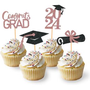 24Pcs Graduation Cupcake Toppers, Graduation Cupcake Picks for Cupcake Food Decorations - Class of 2025 Cupcake Toppers Supplies (Gold)