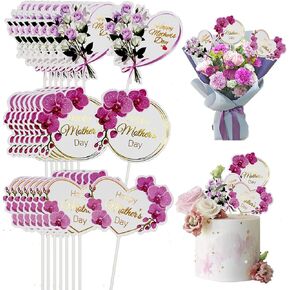 24pcs Happy Mother's Day Cupcake Toppers, Heart Round Butterfly Orchid Rose Flower Cupcake Picks, Cake Decoration for Birthday Mother's Day Party Favors Supplies Favors