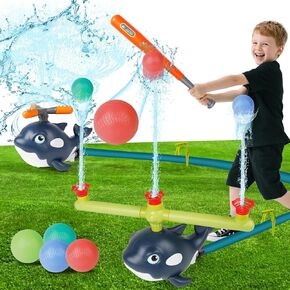 Sprinkler for Kids ، 2-in-1 Whale Water Sprinkler Toddler Outdoor Toys Toy Summer Water Toy مع 3 Jets 4 Baseballs 360 ° Rotating Water Prayer ، Backyard Lawn Pool Party for Boys Girls in Summer