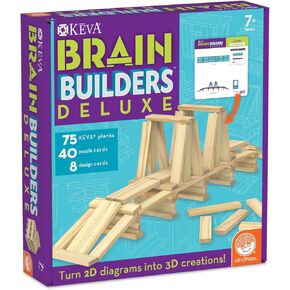 Mindware Keva Brain Builders Deluxe: تتضمن لعبة بناء STEM 75 من ألواح Keva و 40 بطاقة ألغاز و 8 بطاقات تصميم ومهارات بناء ثلاثية الأبعاد للأطفال - الأعمار 7+